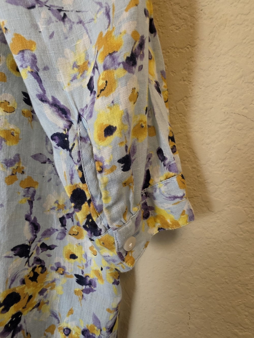 J. Jill Love Linen Tunic Top Light Blue Yellow Floral Button Down Peasant Blouse - Picture 3 of 7